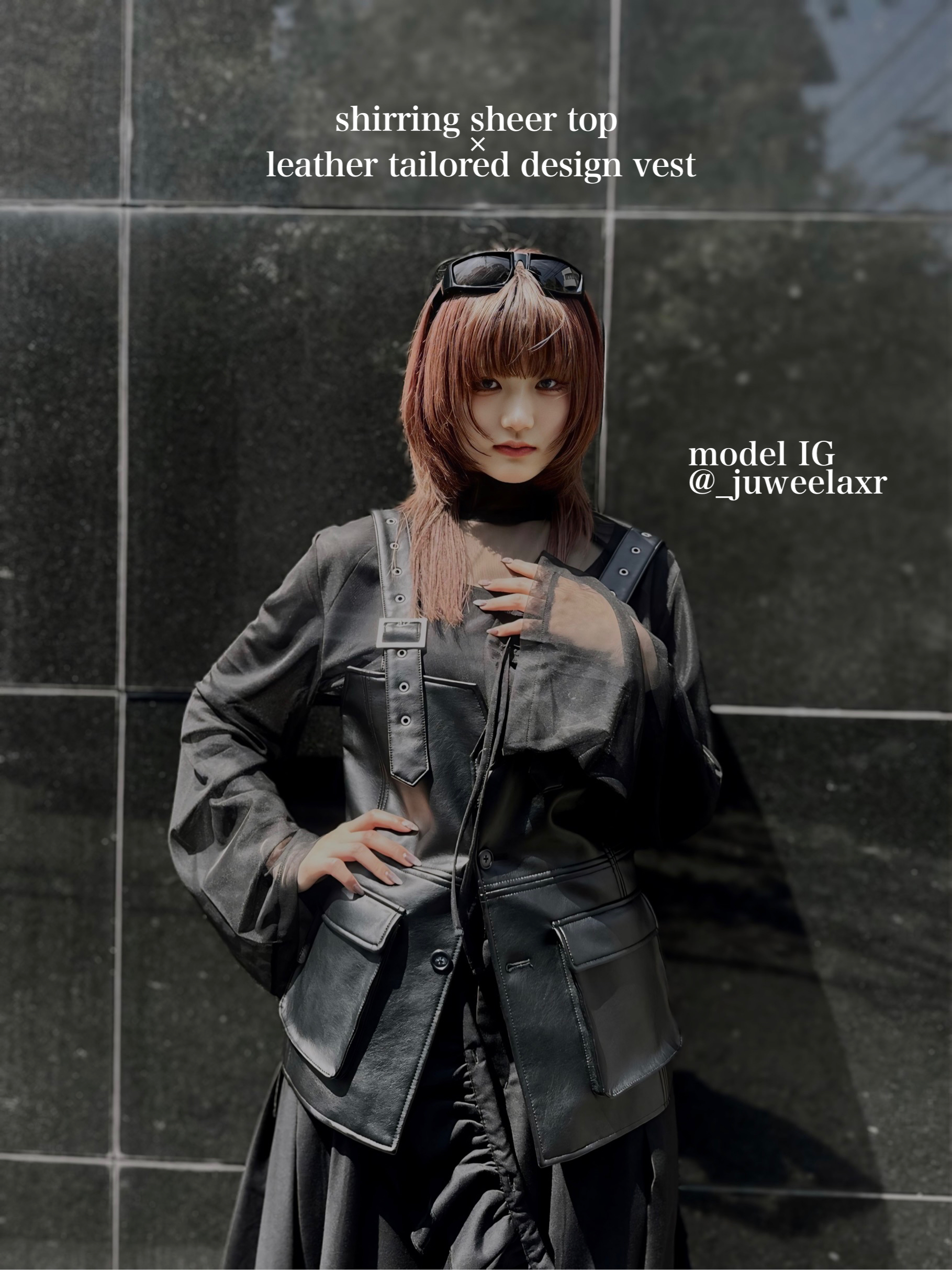 shirring sheer top × leather tailored design vest