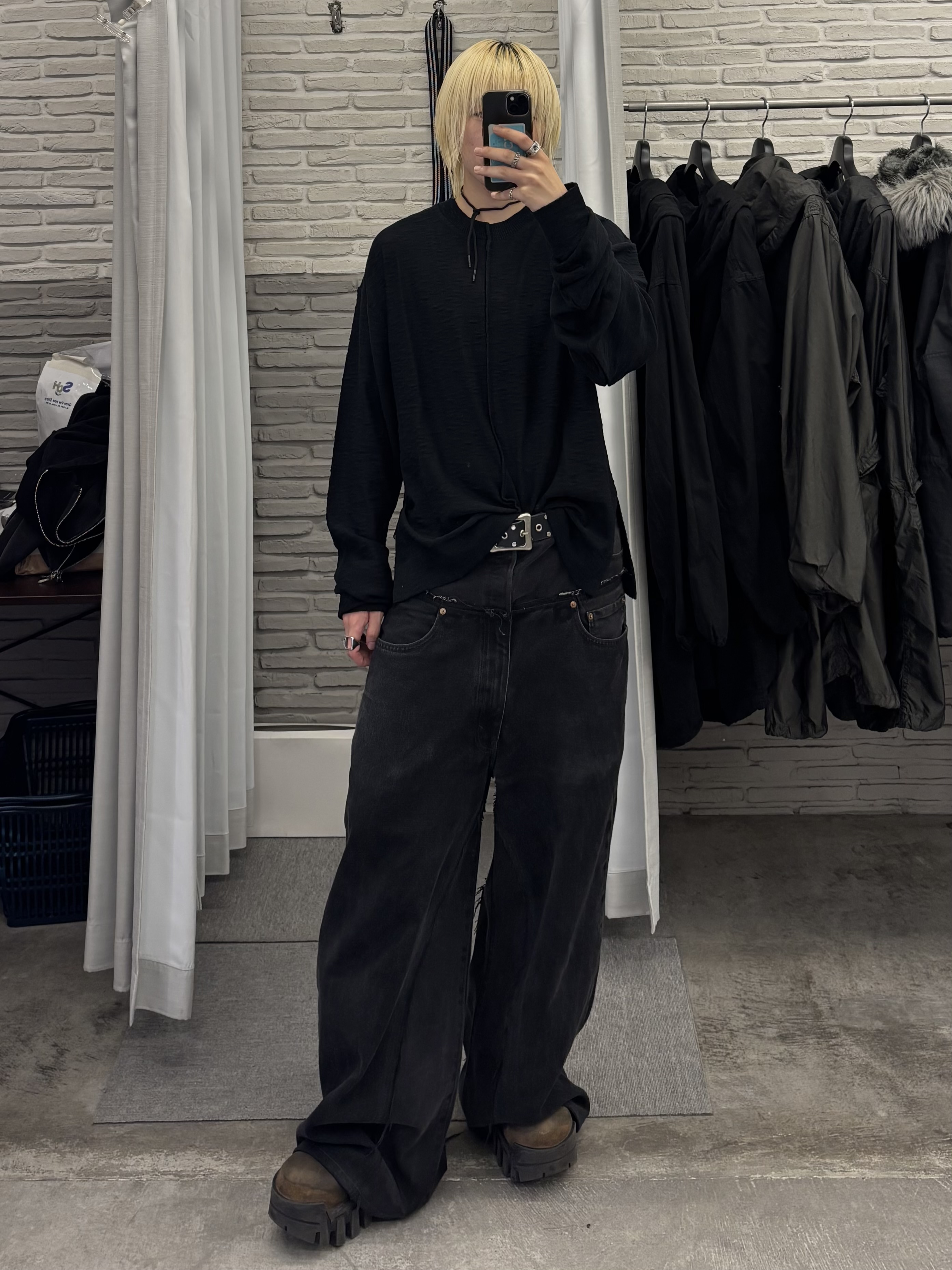 slub long arm knit × denim pants
